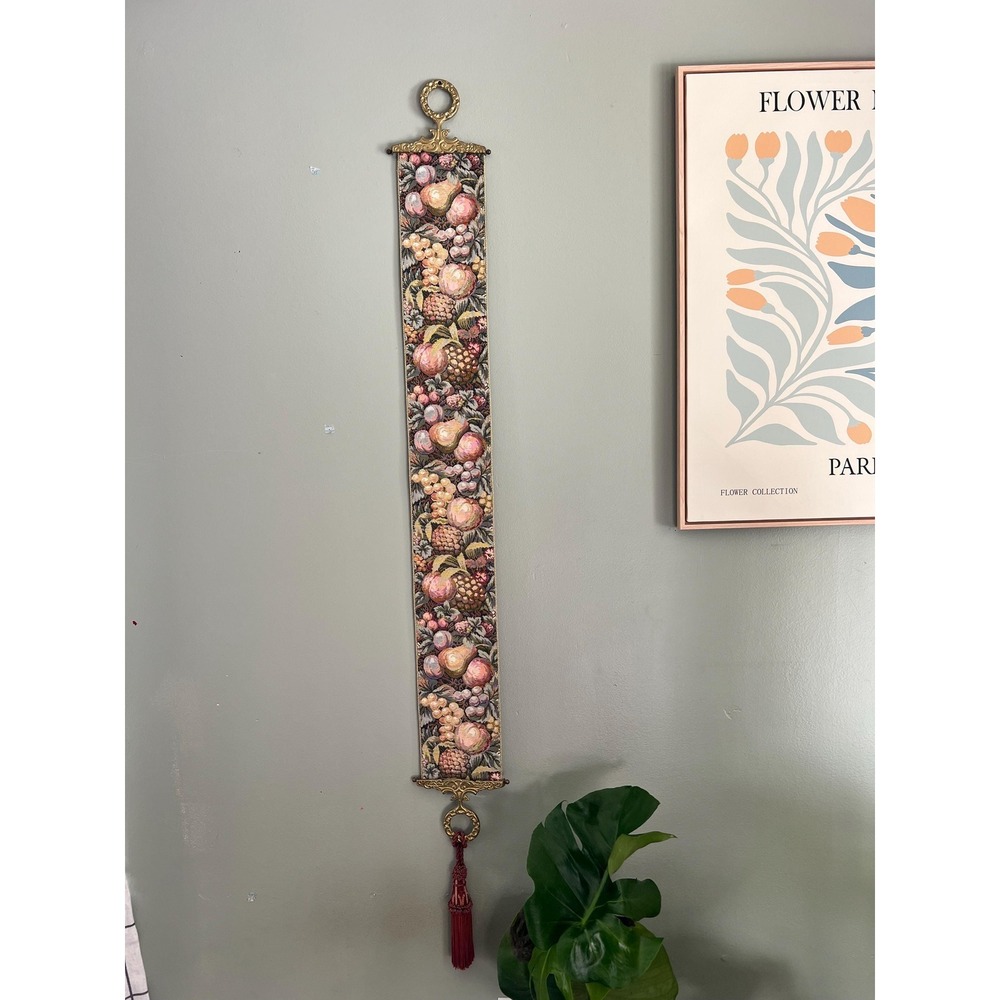 Vintage Fruit Tapestry Wall Hanging Brass Hardware Tassel English Cottage Decor